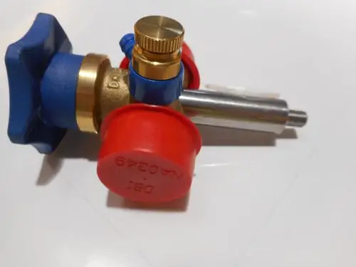 Kolbenventil von Remeha mit blauem Handrad und roten Abdeckungen, metallischer Bauweise und einer zylindrischen Form für den Anschluss an ein Rohrsystem.